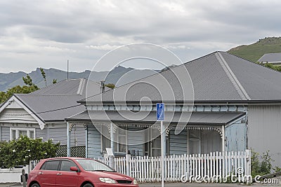 Porch at traditional house on uphill street at Lyttleton, Cristchurch, New Zealand Stock Photo