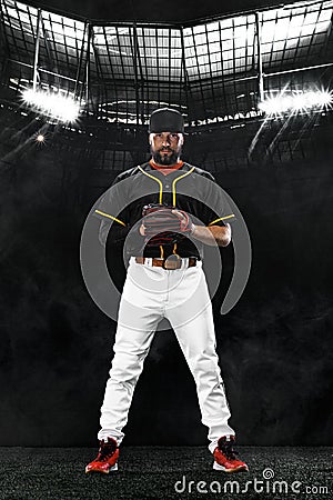 Porfessional baseball player on grand arena. Ballplayer on stadium in action. Stock Photo