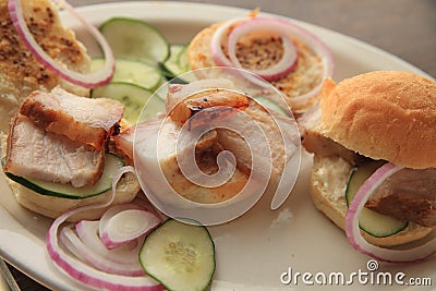 Pork belly sandwich preparation Stock Photo