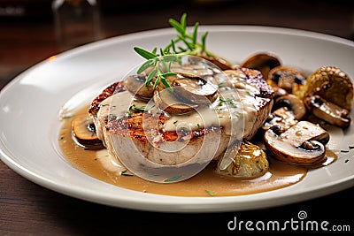 Pork chops with mushroom creamy sauce, gravy. Ai Generative Stock Photo
