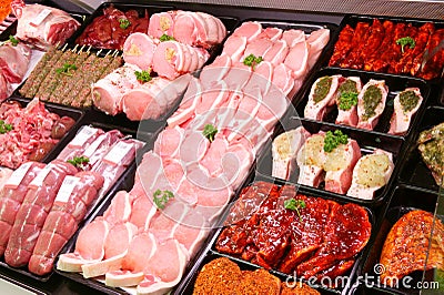 Pork Display in Butcher Shop Stock Photo