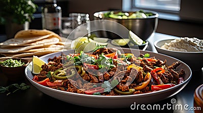 Pork fajitas with onions and colored pepper, served with tortilla.Generative AI Stock Photo