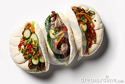 Pork Gua Bao buns top view over white background. Cartoon Illustration