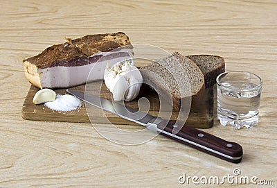 Pork lard with bread and shot of vodka Stock Photo