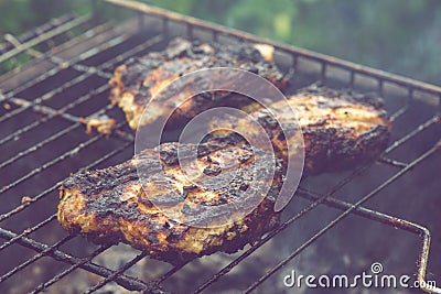 Pork meat are prepared in the grill. Barbecue in the garden Stock Photo