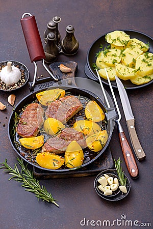 Pork with peach and rosemary Stock Photo