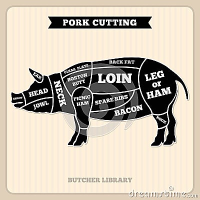 Pork, pig meat cutting vector vintage chart, cuts guide diagram Vector Illustration