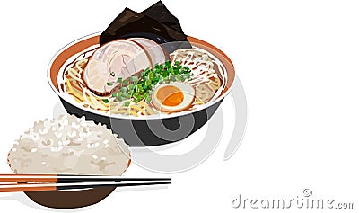 Pork ramen with boiled egg and seaweed. Cartoon Illustration