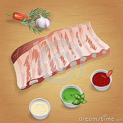 Pork ribs with tasty sauces and spices. Mustard, ketchup, garlic Vector Illustration