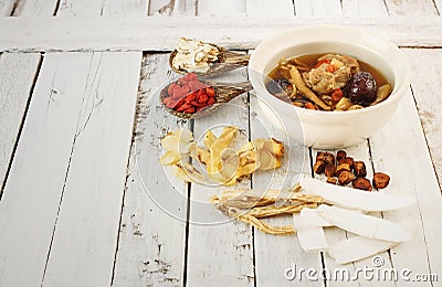 Pork rips clear soup with chinese medicine Stock Photo