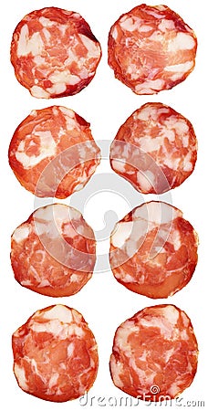 Pork Salami Slices Isolated On White Background Stock Photo