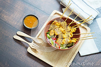 Pork satay, grilled pork served with peanut sauce or sweet and sour sauce Stock Photo