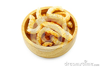 Pork snack or Pork scratching leather lean pork fried crispy and blistered in wood bowl Stock Photo