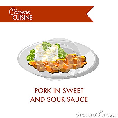 Pork in sweet and sour sauce with parsley on plate Vector Illustration