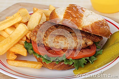 Pork Tenderloin Sandwich and Fries Stock Photo
