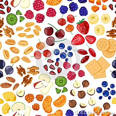 Porridge additives, bright pattern seamless, useful ingredients, healthy vegetarian breakfast, cartoon style vector Vector Illustration
