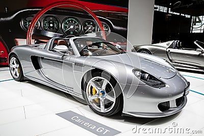 Porsche Carrera GT sports car at the Paris Motor Show. France - October 3, 2018 Editorial Stock Photo