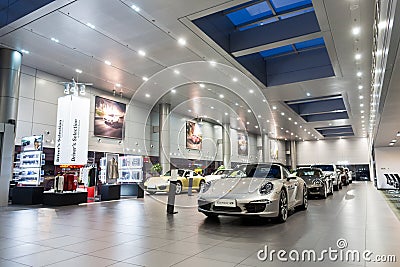 Porsche cars for sale in showroom Editorial Stock Photo