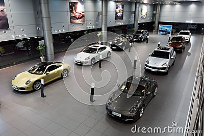 Porsche cars for sale in showroom Editorial Stock Photo