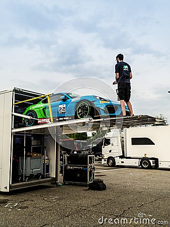 Porsche Cayman GT4 in the paddocks of Monza Editorial Stock Photo