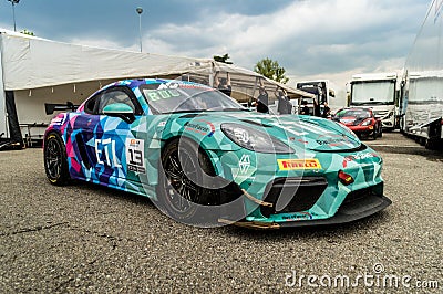 Porsche Cayman GT4 in the paddocks of Monza Editorial Stock Photo