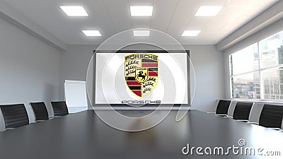 Porsche logo on the screen in a meeting room. Editorial 3D rendering Editorial Stock Photo