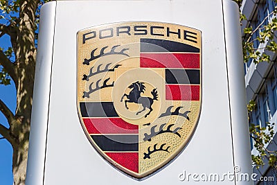 Porsche logo sign headquarters headquarter Stuttgart Zuffenhausen Germany Editorial Stock Photo