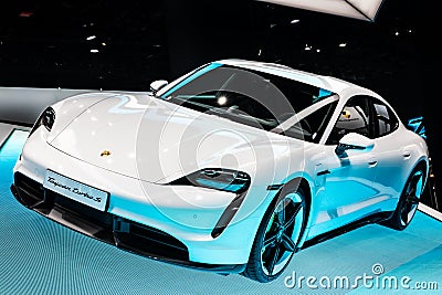 Porsche Taycan Turbo S sports car showcased at the Frankfurt IAA Motor Show. Germany - September 10, 2019 Editorial Stock Photo