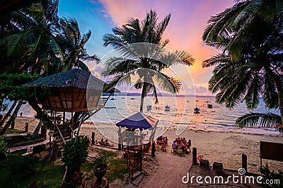 Port Barton Beach at sunset on paradise island, tropical travel destination - Port Barton, San Vicente, Palawan, Philippines Editorial Stock Photo