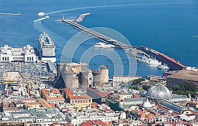 Port, Castel Nuovo and Galleria Umberto I in Naples, Italy Editorial Stock Photo