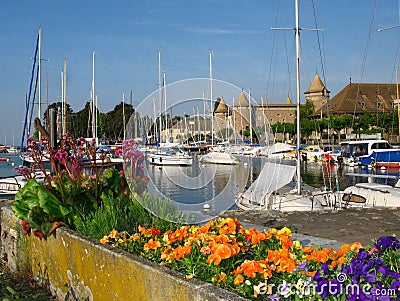 Port and Chateau du Morges 01, Switzerland Stock Photo