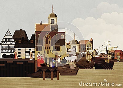 A port city in the Middle Ages Cartoon Illustration