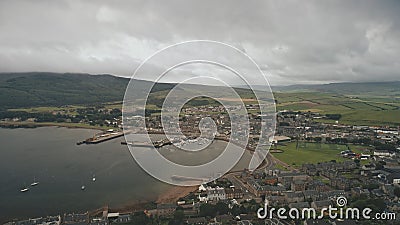 Port citycsape with modern, historic buildings at ocean bay aerial. Ships, yachts at pier city Stock Photo