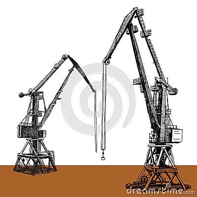 Port crane machinery Building Tower construction. Hand drawn sketch illustration. Black silhouette on white brown backgraund. Vector Illustration