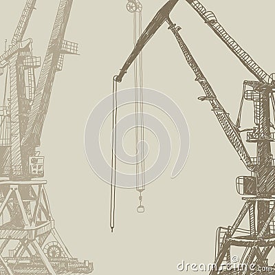 Port crane machinery Building Tower construction. Hand drawn sketch illustration. brown silhouette on brown beige backgraund. Vector Illustration