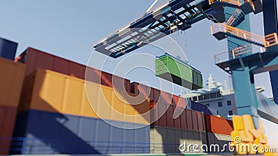 Port cranes loading containers on a cargo ship at the port. Digital 3D render Stock Photo