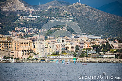 Marine landscape of Genova and a sail boat Stock Photo