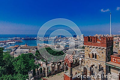 Port of Genoa viewed from D`Albertis Castle in Genoa, Italy Stock Photo