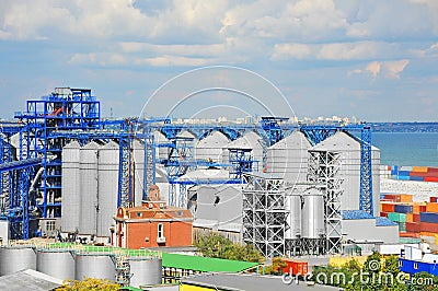 Port grain dryer and container Stock Photo