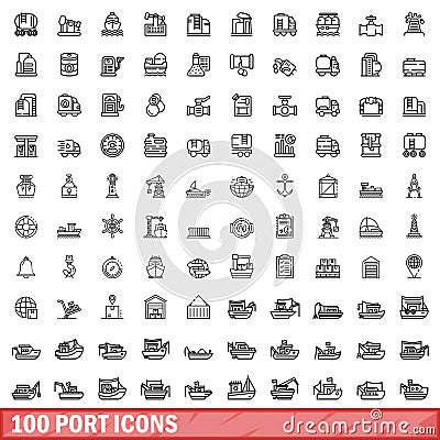 100 port icons set, outline style Vector Illustration