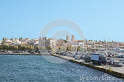 The port of the island of Aegina in the Mediterranean, view from the board of a suitable ship. Editorial Stock Photo