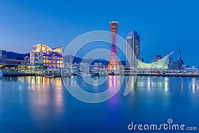 Port of Kobe skyline at night in Kansai, Japan - Panoramic view Stock Photo