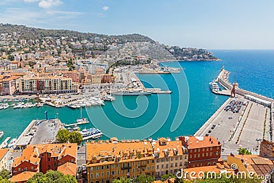 Port and lighthouse of Nice, France, viewed from the Castle Hill Stock Photo