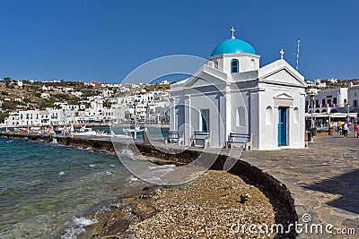 Port of Mikonos Town and church, island of Mykonos, Cyclades Islands Editorial Stock Photo