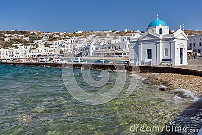 Port of Mikonos Town and church, island of Mykonos, Cyclades Islands Editorial Stock Photo