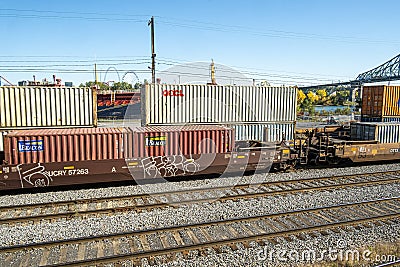 Containers and trains at Montreal port Editorial Stock Photo