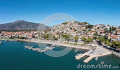 Port Paralio Astros, Arcadia, Peloponnese Greece. Aerial drone panoramic view of town, moored boat Editorial Stock Photo