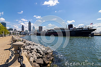 Port with a parked boat, Lake Erie Waterfront, Cleveland, USA Editorial Stock Photo