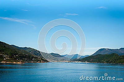 Port of Picton seen from ferry from Wellington to Picton via Marlborough Sounds, New Zealand Stock Photo