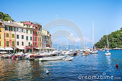 Port, Portofino, Italy, Genova, Liguria, 09 aug, 18: Cozy cafes, colored houses, boatsin the picturesque harbor of Portofino Editorial Stock Photo